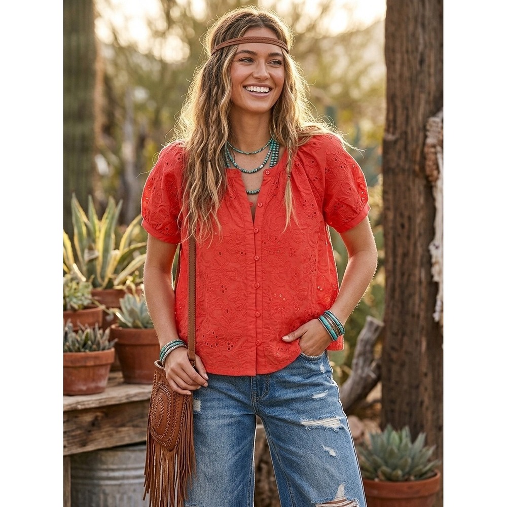 Calypso St Barth Womens Small Oversized Coral Eyelet Puff Sleeve Button Top Boho